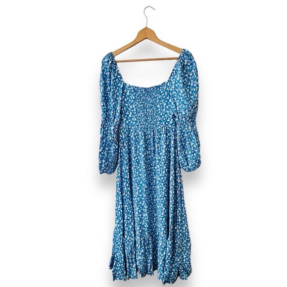 Reformation Mica Floral Print Midi Dress Long Sleeve Square Neck Blue 0 Women’s - Picture 8 of 11